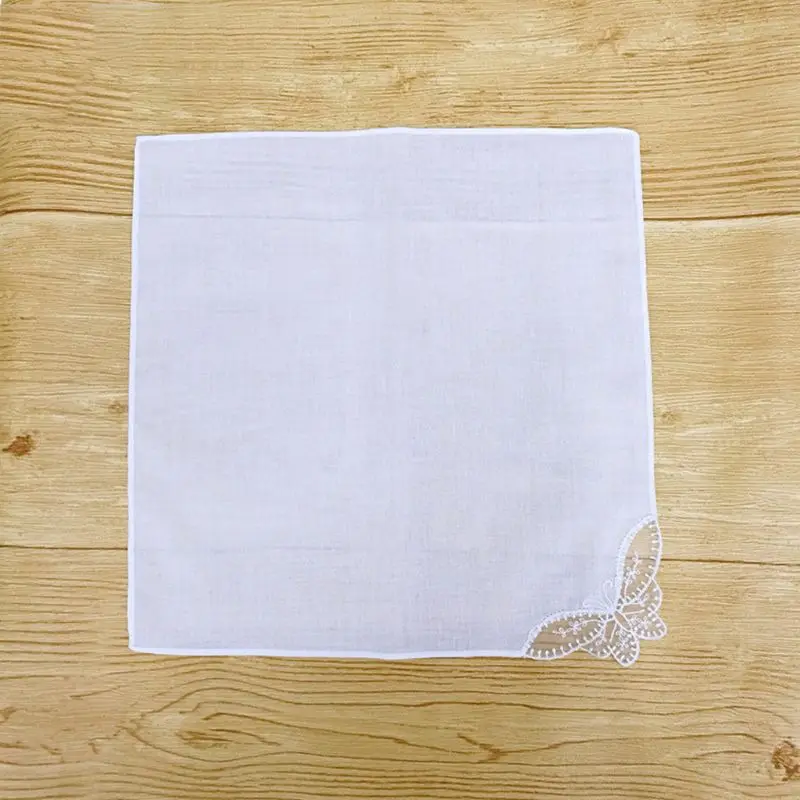 28x28cm 여성 일반 흰색 사각형 손수건, 크로셰 나비 레이스 코너 신부 웨딩 DIY 코튼 냅킨 포켓 손수건