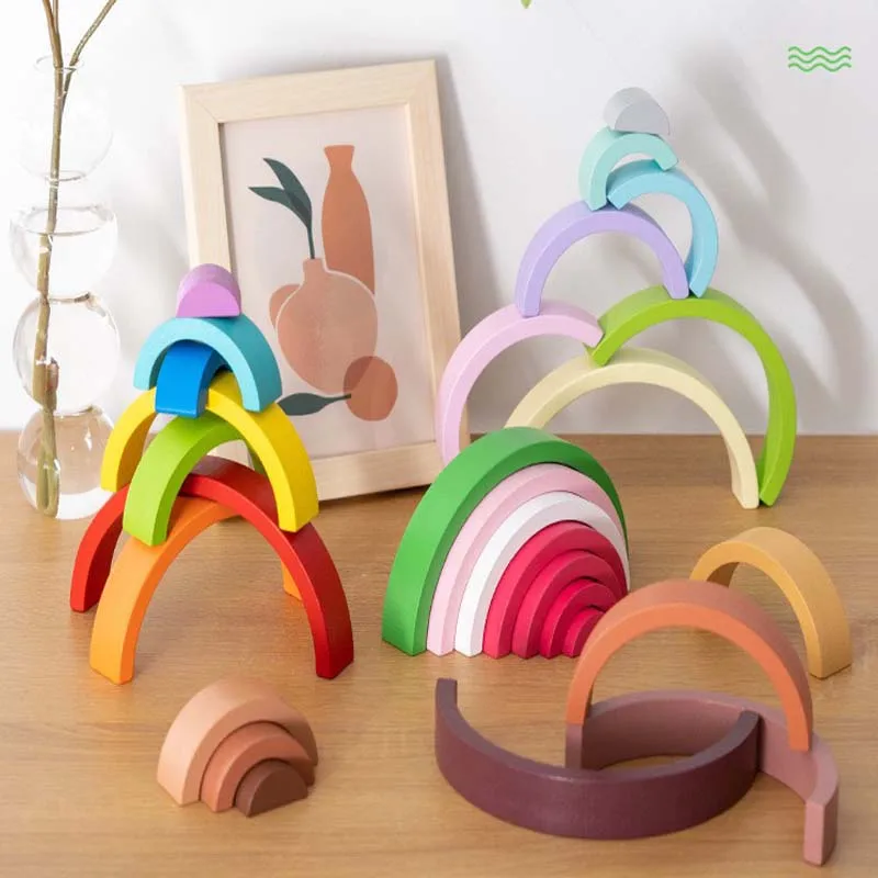เด็กใหม่ Montessori Arch Bridge Rainbow Building Blocks ของเล่นไม้เด็ก Early Education สีความรู้ความเข้าใจบล็อกของเล่น