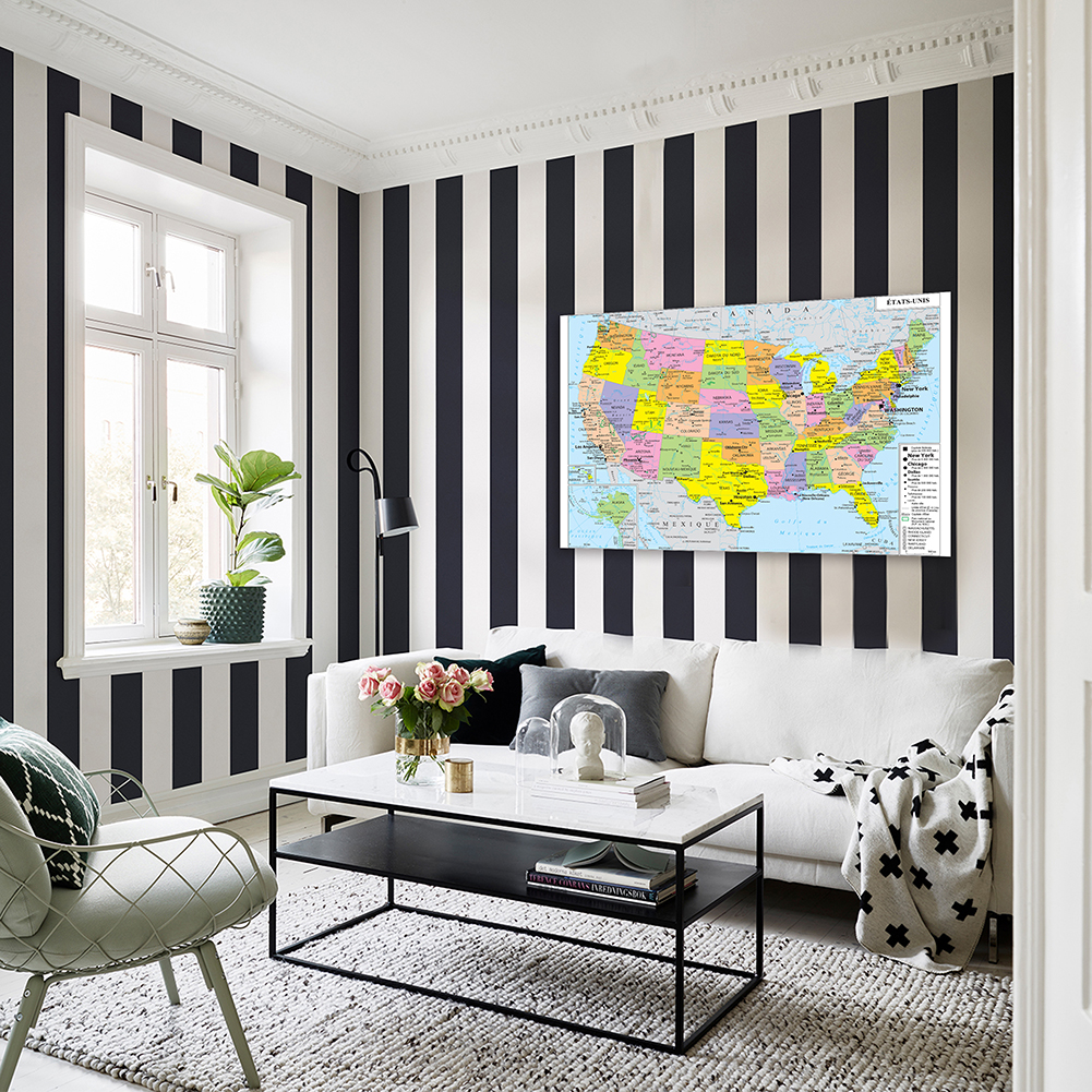 150*100Cm Hoa Kỳ Bản Đồ Chính Trị Mỹ Bản Đồ Treo Tường Poster Không Dệt Tranh Canvas Đồ Dùng Học Tập trang Trí Nhà Trong Tiếng Pháp