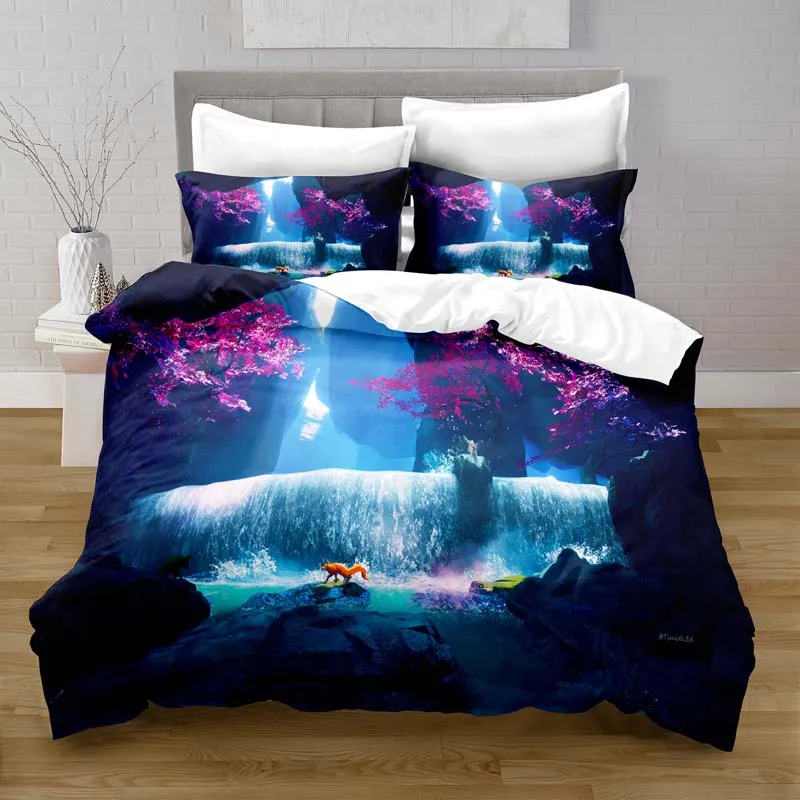 Set tempat tidur motif Digital penutup selimut rubah fantasi poliester 100% dengan Set tempat tidur sarung bantal untuk anak perempuan Set tempat tidur selimut