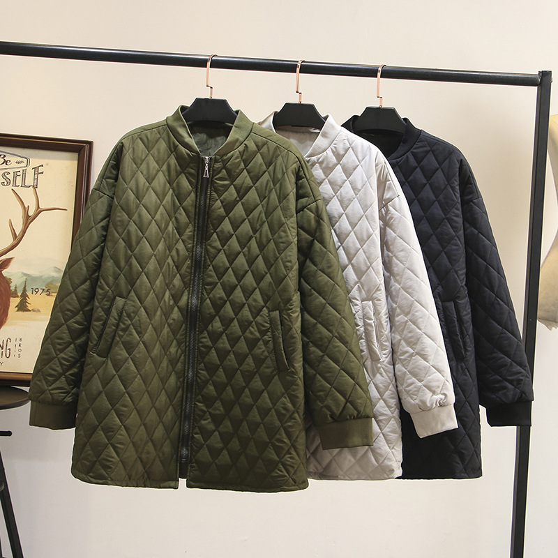 Parkas acolchoadas de algodão feminino, manga comprida, zíper antiestático, jaqueta amassada, casaco argyle, roupas plus size, outono, inverno