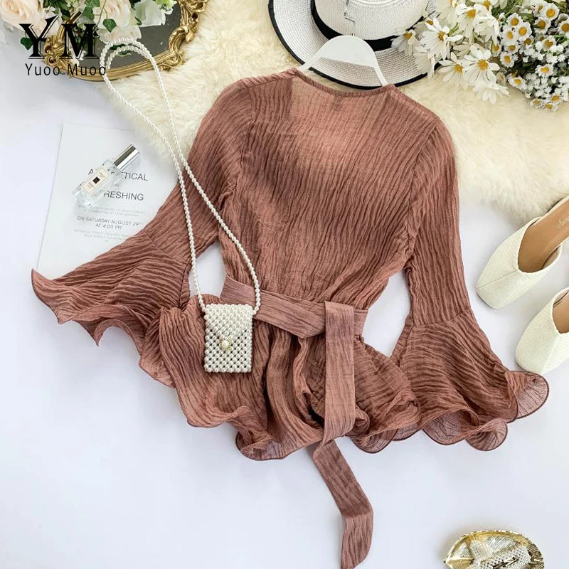 YuooMuoo Sashes ผ้าพันคอฤดูใบไม้ร่วงผู้หญิงเสื้อ 2019 V คอเกาหลีสไตล์ Ruffle เสื้อผู้หญิงแขนยาวชีฟอง TOP