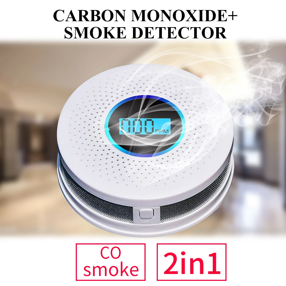ใหม่ล่าสุด 2 in 1 LED Digital Gas Smoke Alarm Co เครื่องตรวจจับคาร์บอนมอนอกไซด์เสียงเตือน Sensor Home Security Protection High Sensitive