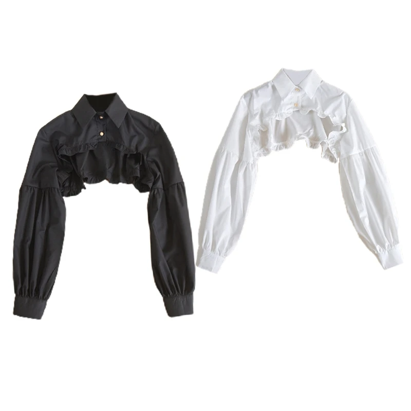 ผู้หญิงพัฟแขนยาวด้านบนเสื้อ Ruffled Edge Golden ปุ่มที่ถอดออกได้ปลอมฤดูหนาวเสื้อกันหนาวตกแต่ง