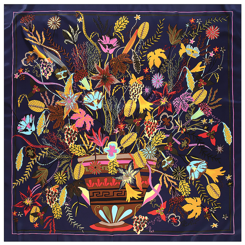 シルクヒジャーブシャワールスカーフ,100% ツイルスカーフ,カラースケッチ,植物,フラワーポット,130cm,正方形,プリントカチ,バンダナ,新ブランド