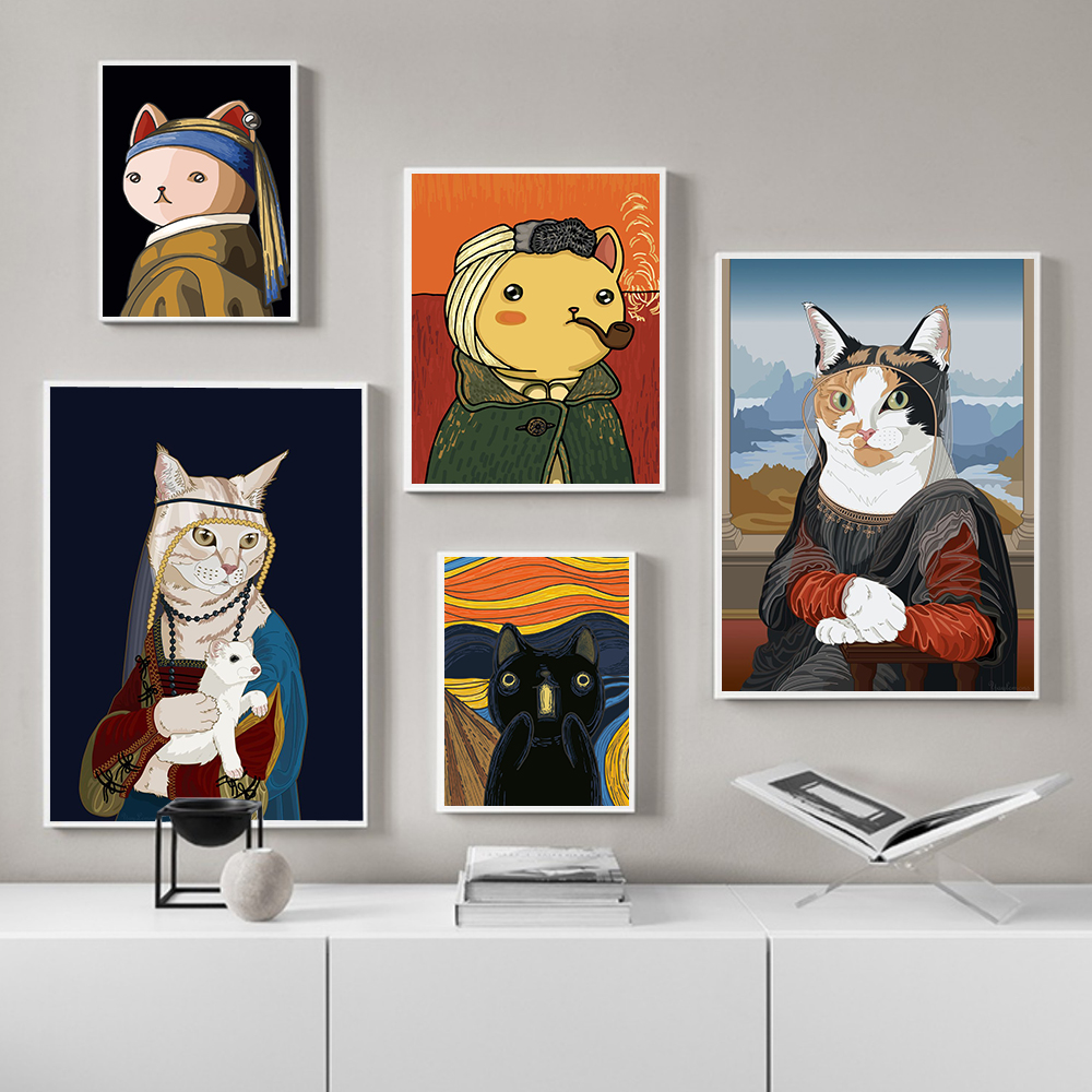 Poster Kanvas Wanita Kucing Kartun Monalisa Lukisan Cetak Abstrak Lucu Anting-Anting Kucing Di Mutiara Gambar Seni Dinding Dekorasi Ruangan Retro