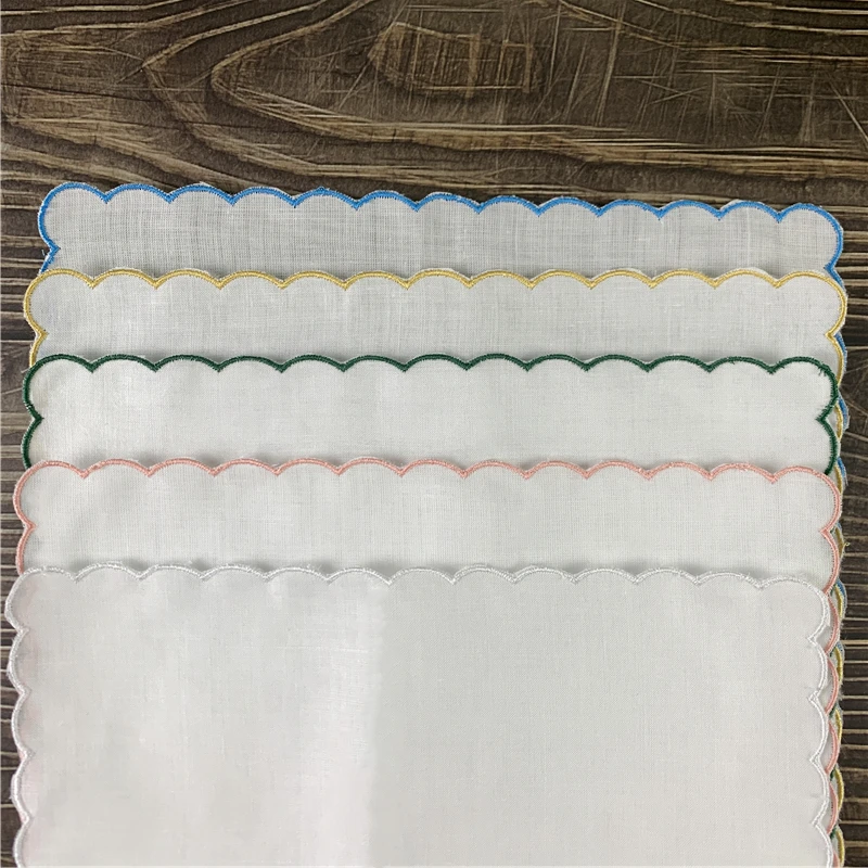 Bộ 12 Nhà Dệt May Cưới Khăn Tay Nữ Tay 100% Linen Màu Thêu Sò Edge Hankies 30*30 Cm
