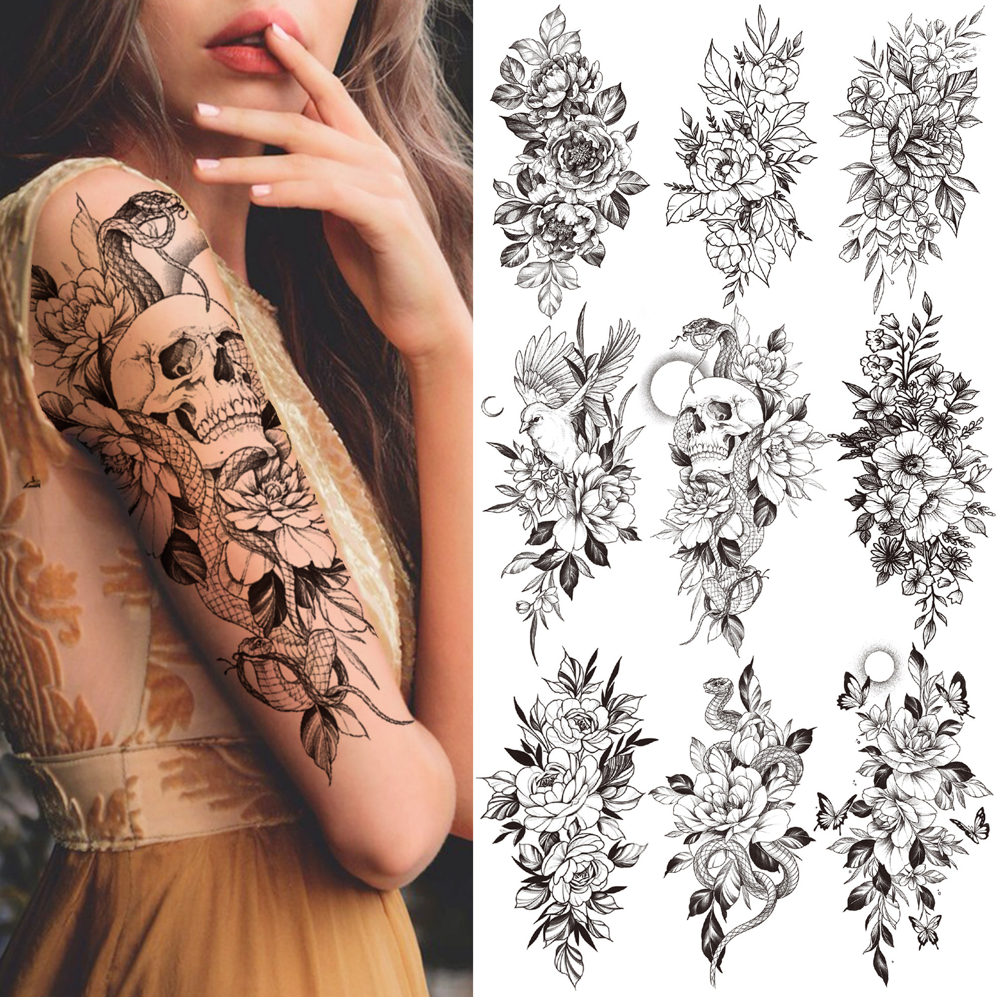 Cái Chết Đầu Lâu Hoa Tạm Thời Hình Dán Tattoo Cho Nữ Cô Gái Loài Rắn Chim Hoa Mẫu Đơn Miếng Dán Hình Xăm Đen Giả Hoa Gợi Cảm Tatoo Chuyển Người Lớn