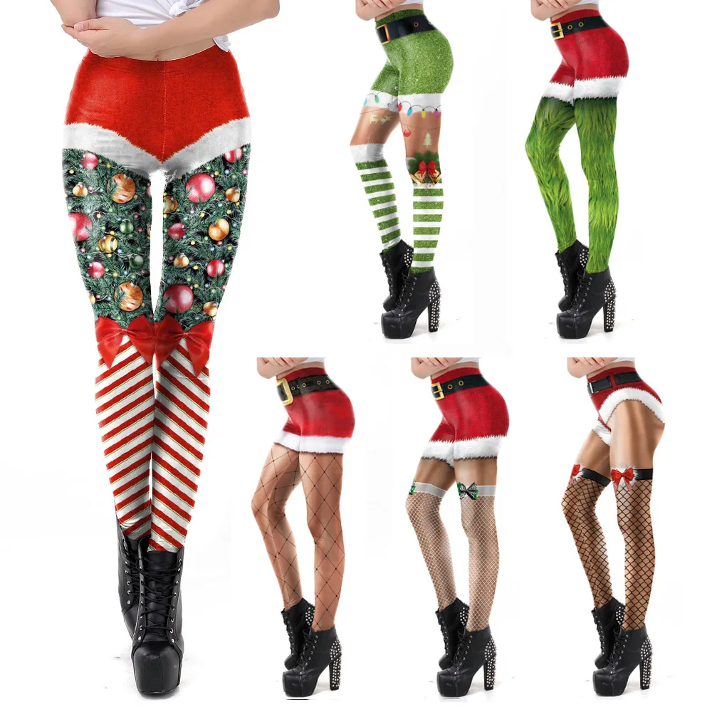 VIP FASHION-mallas con cinturón de Navidad para mujer, mallas ajustadas sexys de cintura alta con rayas 3D, regalo de otoño e invierno