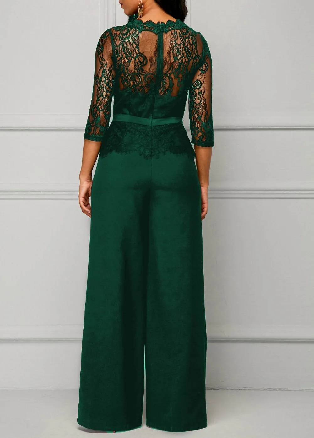 Elegant เซ็กซี่ Jumpsuits ผู้หญิงแขนยาวลูกไม้ Patchwork Jumpsuit กางเกงหลวมกางเกงขากว้าง Rompers วันหยุดสีดํา Overalls