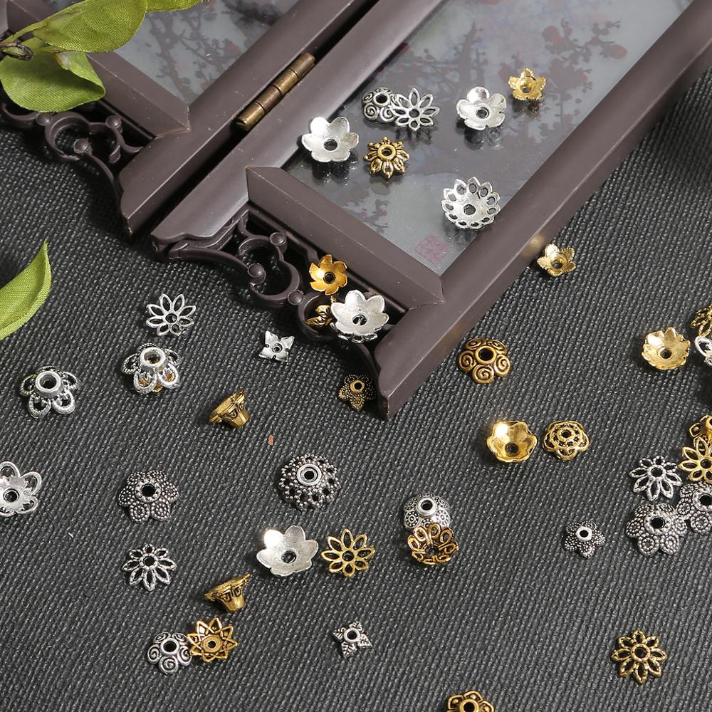 50 個チベットアンティークシルバーカラー金箔フラワービーズエンドキャップジュエリーメイキング用針仕事スペーサービーズキャップ DIY アクセサリー