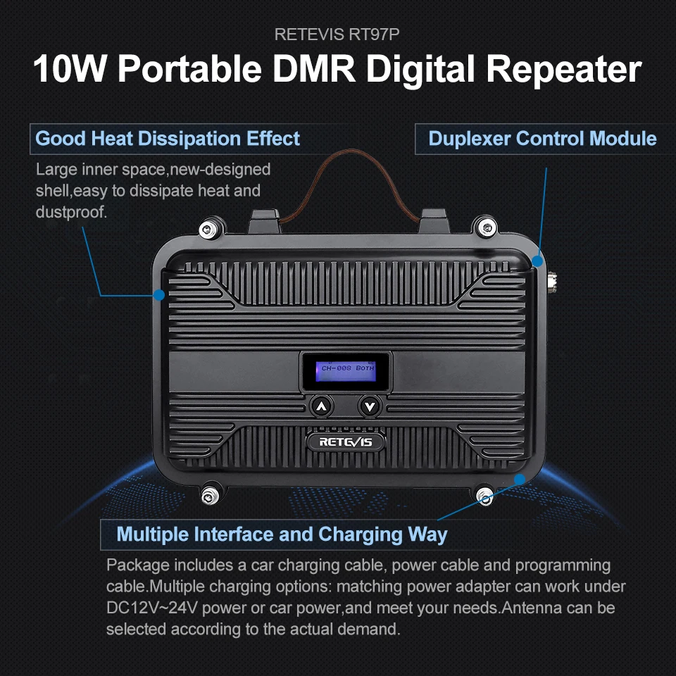 Anpassbarer DMR-Digital-Repeater Retevis RT97P 10 W Vollduplex-Funkgerät-Repeater LCD Mini UHF (oder VHF) für Walkie Talkie