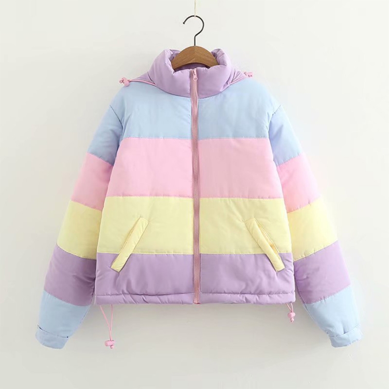 Frauen Winter Padded Puffer Jacke Regenbogen Streifen Mit Kapuze Kordelzug Zipper Mantel