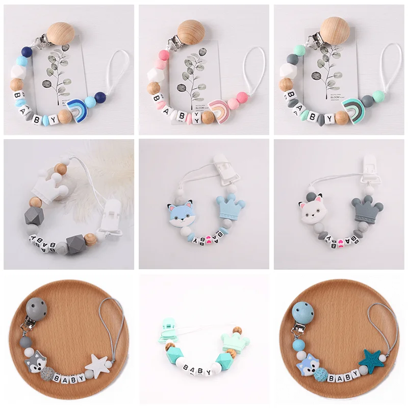 Cá Tính Núm Vú Giả Kẹp Bé Tùy Biến Tên Silicon Pacifier Chống Thả Dây Chuyền Thực Phẩm Cấp Mọc Răng Đồ Chơi Cho Răng Hàm