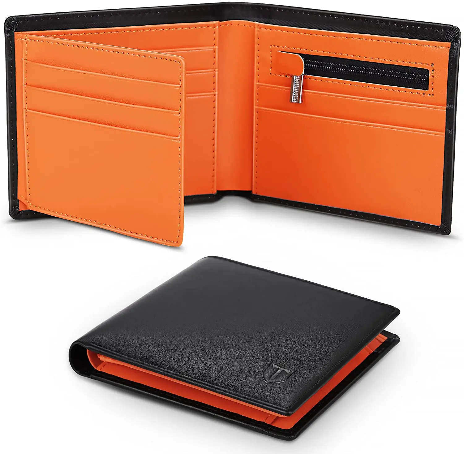 Cartera de cuero genuino para hombre, monedero delgado RFID, tarjetero, bolsillo para monedas, ventana de identificación, carteras minimalistas