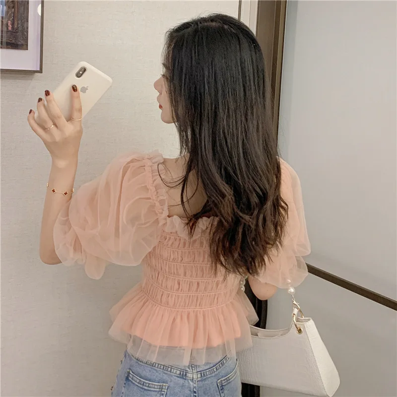 ฤดูร้อนตาข่ายผู้หญิงพัฟแขนผ้าพันคอสุภาพสตรีElegantเสื้อสแควร์คอRuffle Ruchedชีฟองสีชมพู