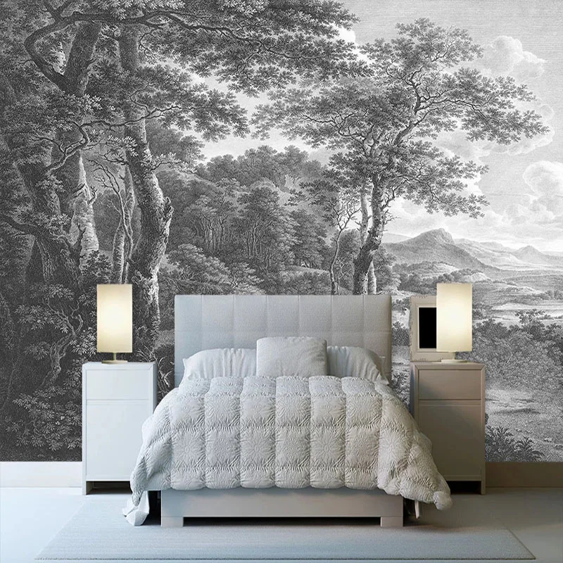 วอลล์เปเปอร์ที่กำหนดเอง Retro Hand Painted สีดำและสีขาว Forest Tree ภาพจิตรกรรมฝาผนังห้องนั่งเล่นโซฟาทีวีโซฟาห้องนอน Fresco Papel De parede