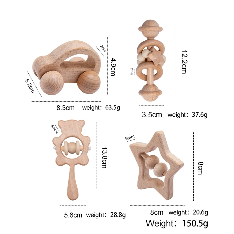 ของเล่นเด็กไม้ Rattles ชุด Beech Hand Teething การ์ตูนสัตว์หมีเด็กทารก Rattles ดนตรี Montessori ของเล่นเพื่อการศึกษาของขวัญ
