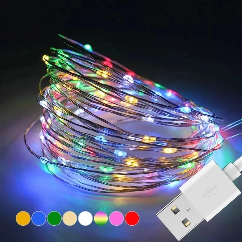 1M 2M 5M 10M USB Powered ไฟ LED String ลวดเงิน Fairy Garland ตกแต่งปีใหม่งานแต่งงานตกแต่งคริสต์มาสสําหรับ Home Room
