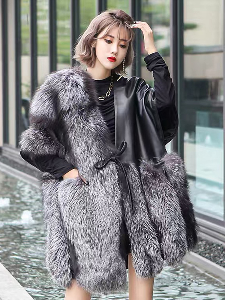 High Quality Luxury Women Female Real Silver Fox Fur Outside Genuine Sheepskin Leather Oversize Loose Leisure Coat