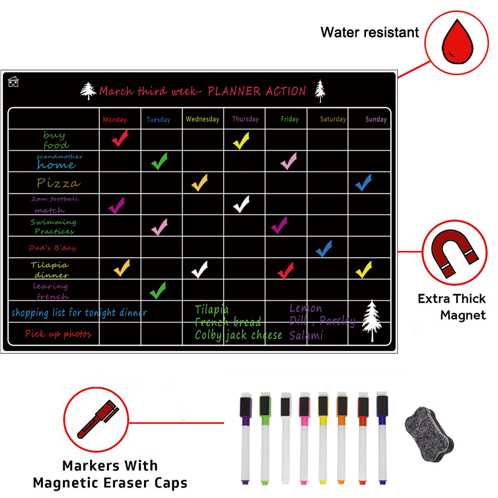 Hivillexun Magnetic Dry Erase Calendar Board for Fridge 16.5''x11.8'' Monthly & Weekly Magnetic Whiteboard Planner Board Large