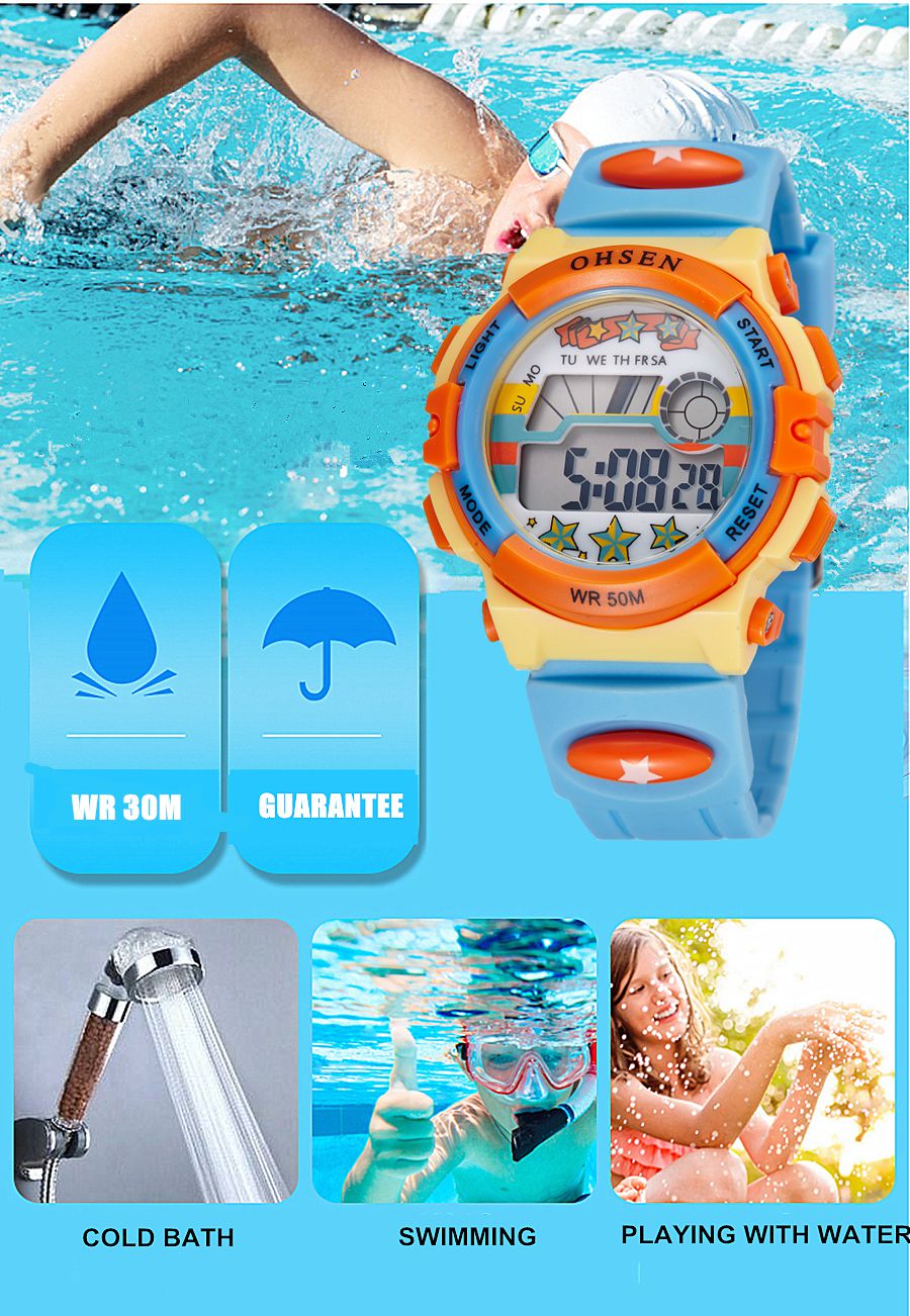 Relojes deportivos para niños OHSEN, reloj de pulsera Digital de dibujos animados rojo resistente al agua hasta 50M, cronómetro electrónico LED para niños y niñas