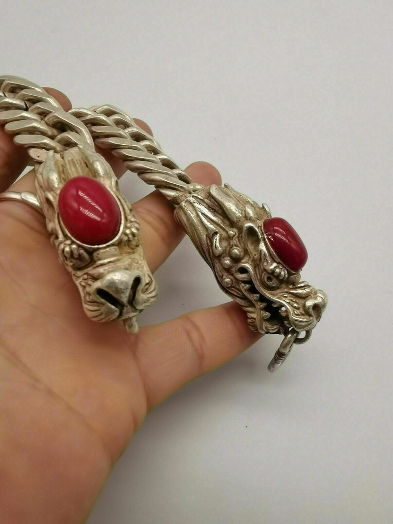 Gelang Perak Tibet Tua Bertatahkan Naga Giok Merah Wanita Pria Mode Tiongkok