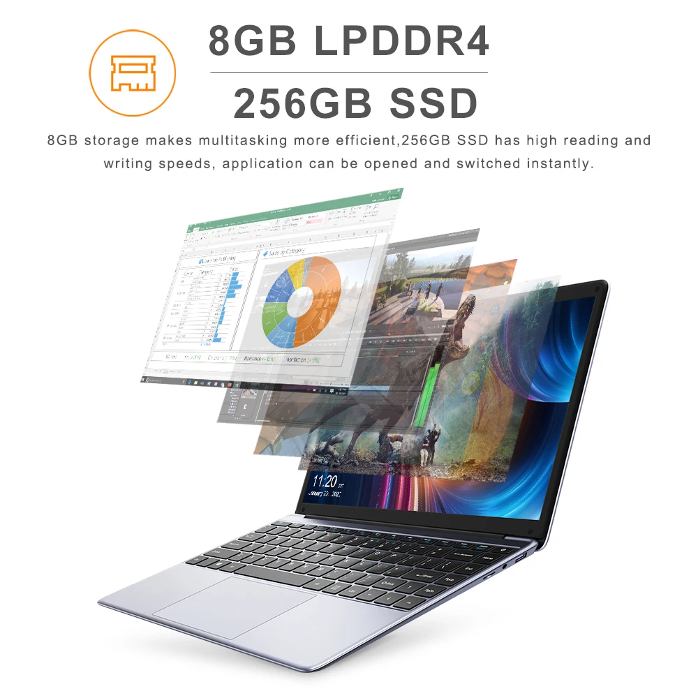 CHUWI-HeroBook Pro Laptop com teclado layout completo, Intel Gemini Lake N4020, Dual Core, sistema Windows 10, 8GB de RAM, 256GB SSD, 14,1 pol