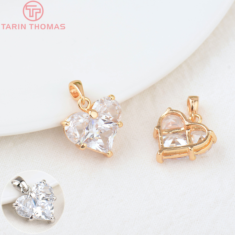 (280)4 14X14.5MM Khoét Lỗ 2.5MM Vàng 24K Màu Đồng Thau Có Zircon Charm Trái Tim Mặt Dây Chuyền Cao Cấp chất Lượng Trang Sức Phát Hiện Phụ Kiện