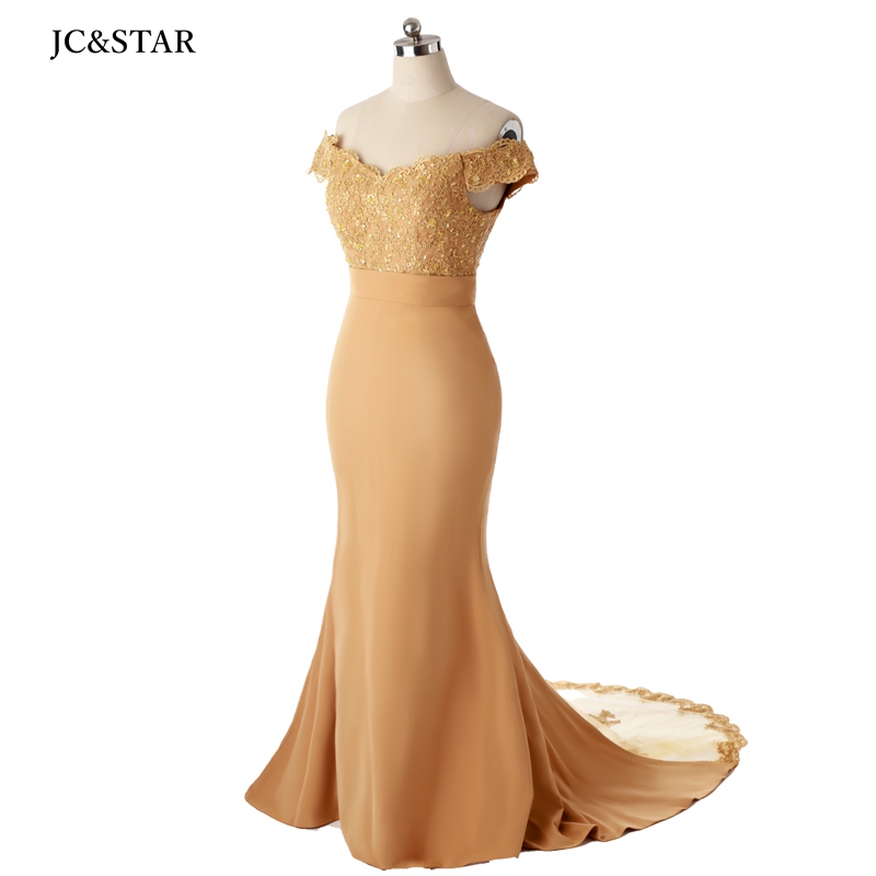 Gouden bruidsmeisjekleding voor bruiloft 2025 vestido festa zeemeermin lange staart satijnen stickers kralen sexy V-hals off schouders Eveni