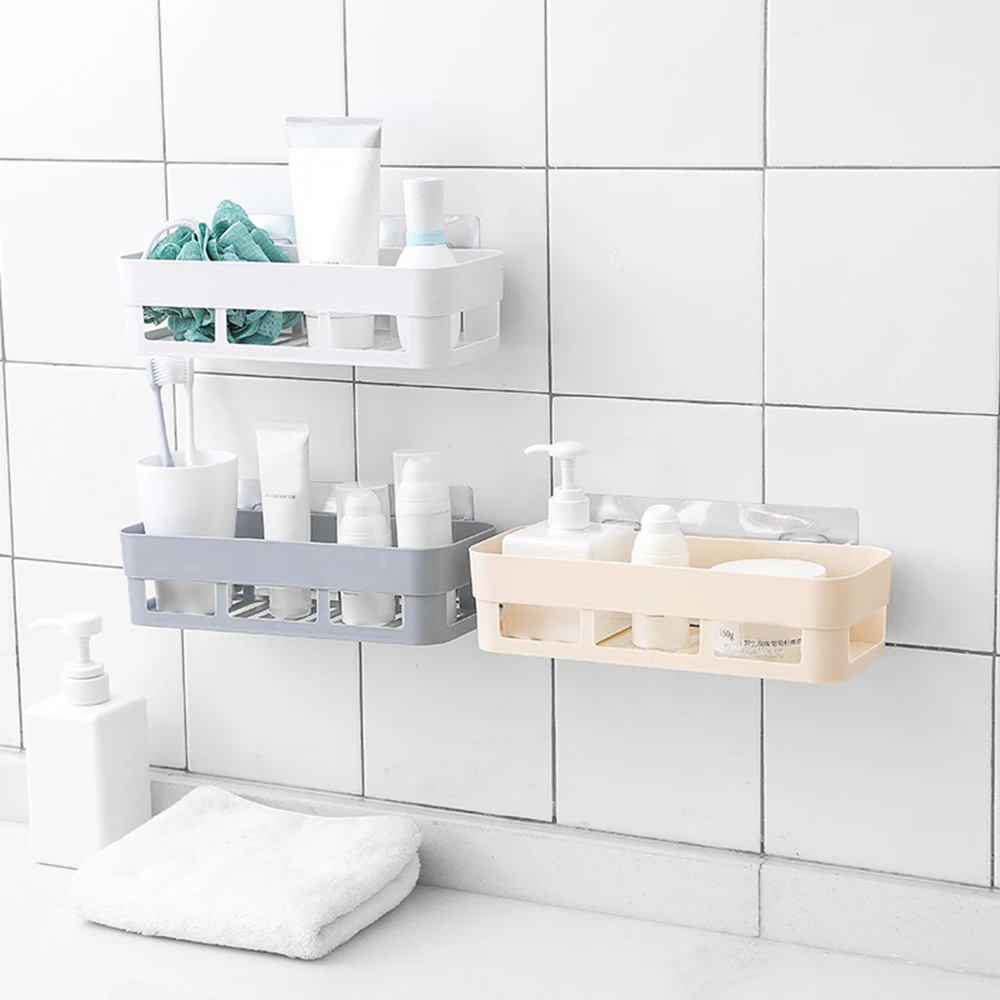 Gran oferta estante de almacenamiento adhesivo accesorios de baño estante de ducha de esquina estante de baño de cocina decoración del hogar 3 colores