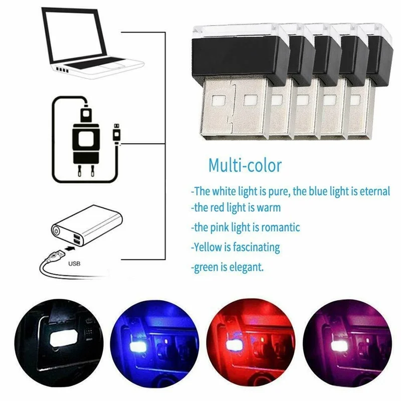 5Pcs Portable USB 5V Mini LED Light Colorful Night Lamp For Car Atmosphere Lamp Bright Accessory Distinctive Lights Effect