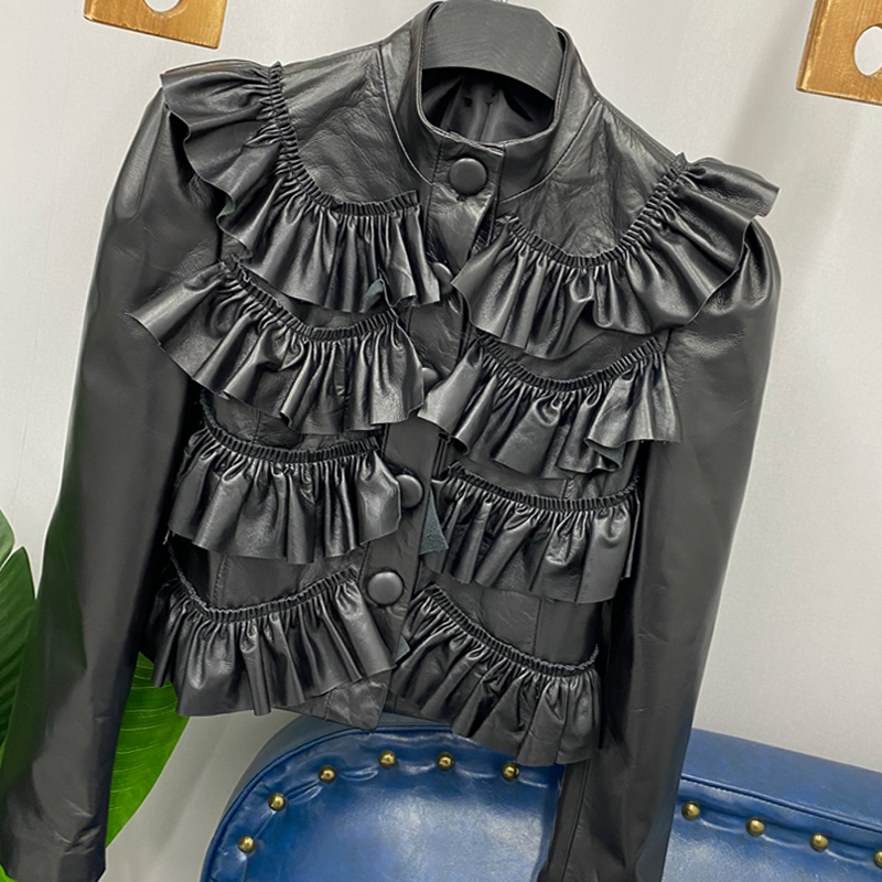 Stand Collar Pleated Ruffles Short High Waist Jacket Women Real Leather Sheepskin Cropped Coat Fashion Slim Jackets S-3XL