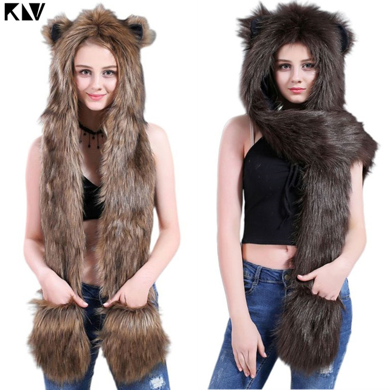 Gorro de felpa con estampado de leopardo y Lobo para hombre y mujer, bufanda con patas, guantes gruesos, cálidos, 3 en 1, Invierno