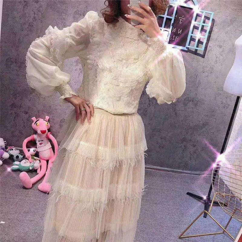 Camisa de renda feminina com lanternas florais doces, blusa de malha feminina com babados com fundo curto, primavera e outono, 1744