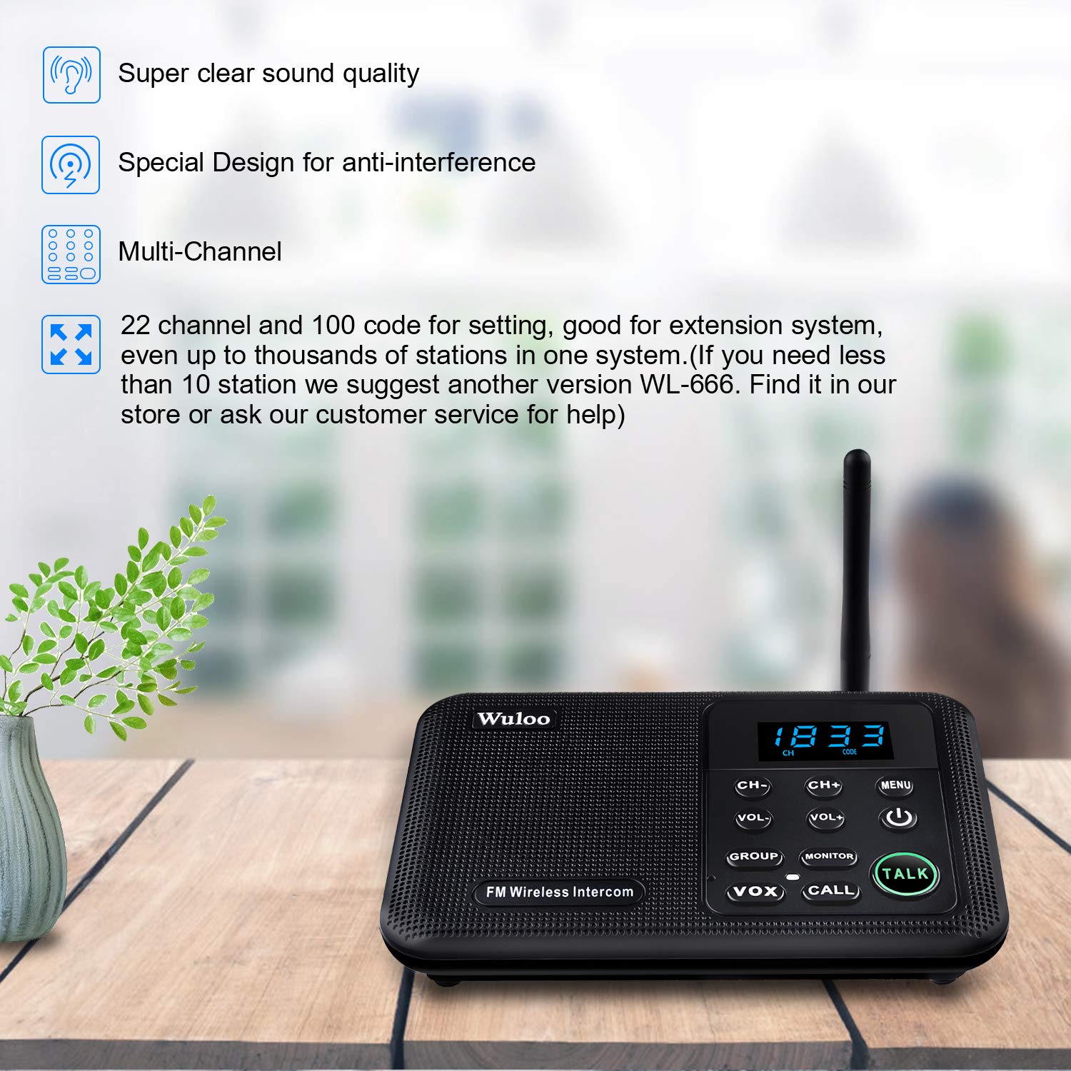 Wuloo 22-Channel CALL ALL FM Wireless Intercoms Home House Business Offices Room to Room Communication System 1 Mile Long Range