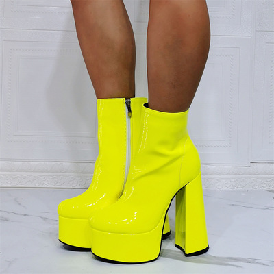 Sepatu Bot Wanita Hak Tinggi Super Tebal Kulit Paten Berpendar Sepatu Bot Pesta Dansa Pernikahan Pump Seksi Botas De Mujer