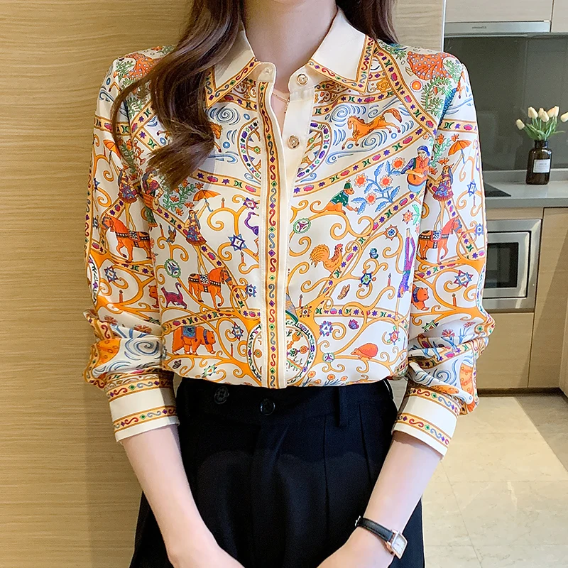 Họa Tiết Hoa Thời Trang Nữ Áo Sơ Mi Nữ Áo Kiểu Mùa Xuân, Mùa Thu 2021 Áo Sơ Mi Dài Tay Áo Blusas Mujer