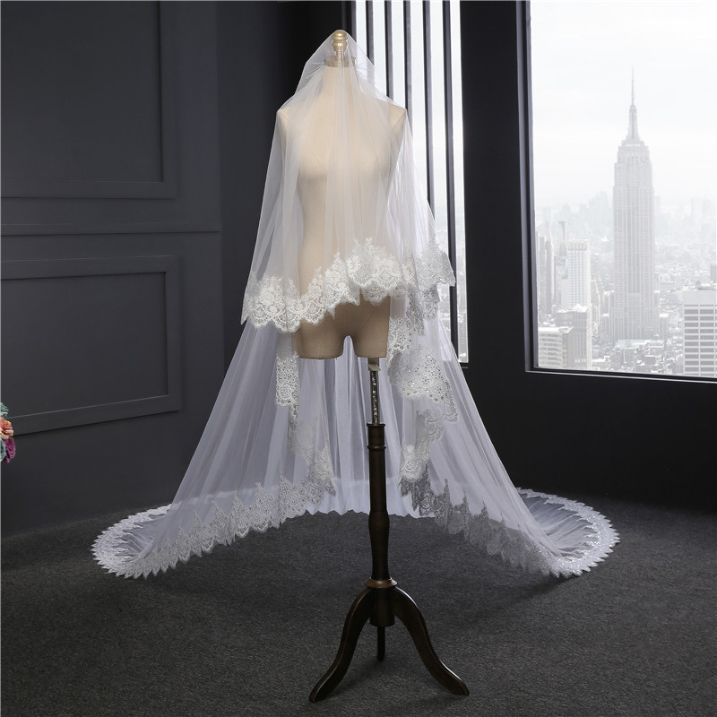 Branco marfim bling catedral véus de casamento longo renda borda véu de noiva com pente duas camadas blush véu acessórios de casamento