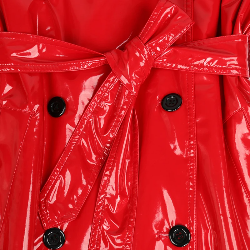 Nerazzurri Herbst Lange Rot Wasserdicht Glänzende Reflektierende Patent Leder Graben Mantel für Frauen Zweireiher Plus Größe Mode