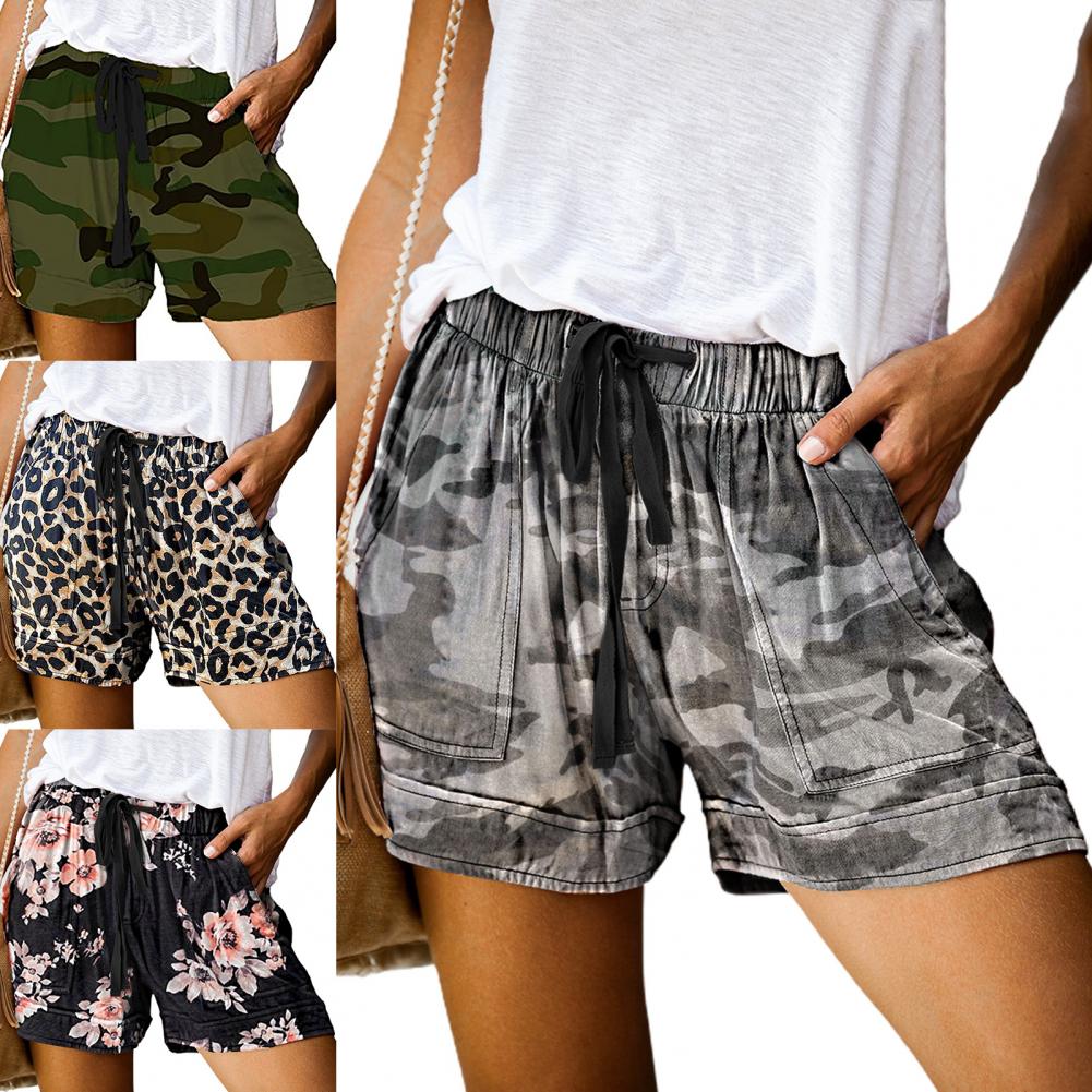 Calções femininos confortáveis com cordão e emenda, calções esportivos femininos, casual, cintura elástica, bolsos, estampa solta, plus size