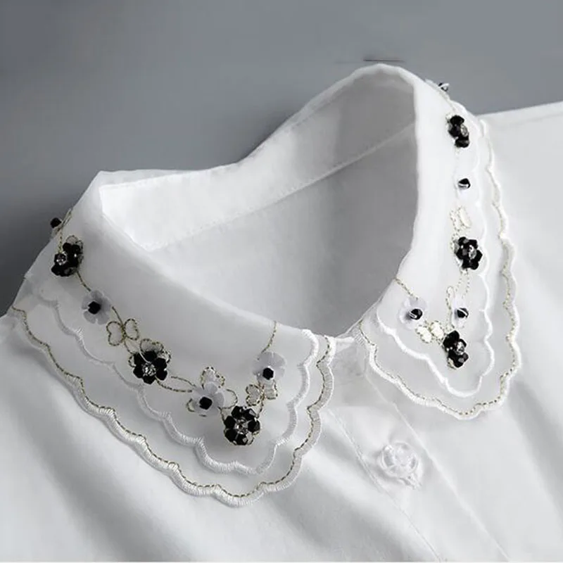 Corbata frontal, cuello falso blanco, cuentas con soporte, cuello desmontable, encaje de cristal Vintage para mujer, blusa falsa con cuello, media camisa