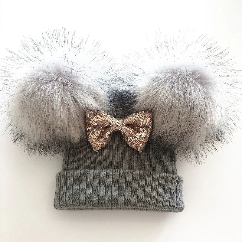 Trẻ Em Long Lanh Nơ Đôi Pompom Mũ Cho Bé Gái Mùa Đông Bộ Đội Khăn Trẻ Em Phụ Kiện Bonnet