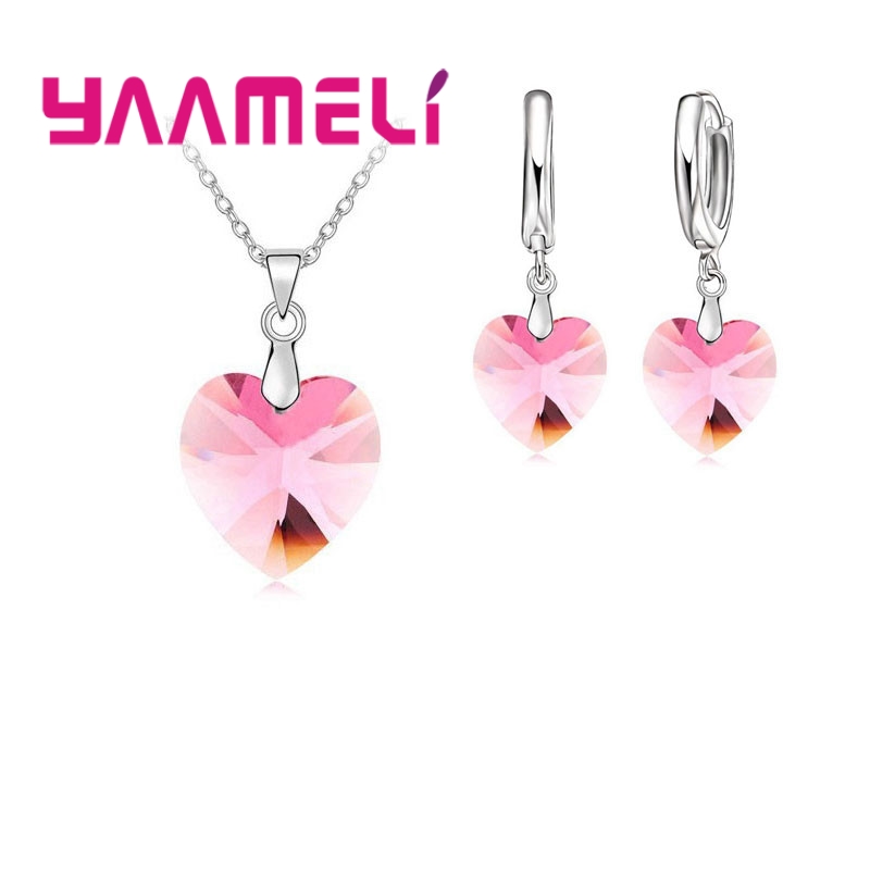 Conjunto de joyería nupcial de Color Plata de Ley 925 con forma de corazón de amor para boda, colgantes de cristal a la moda, collares y pendientes