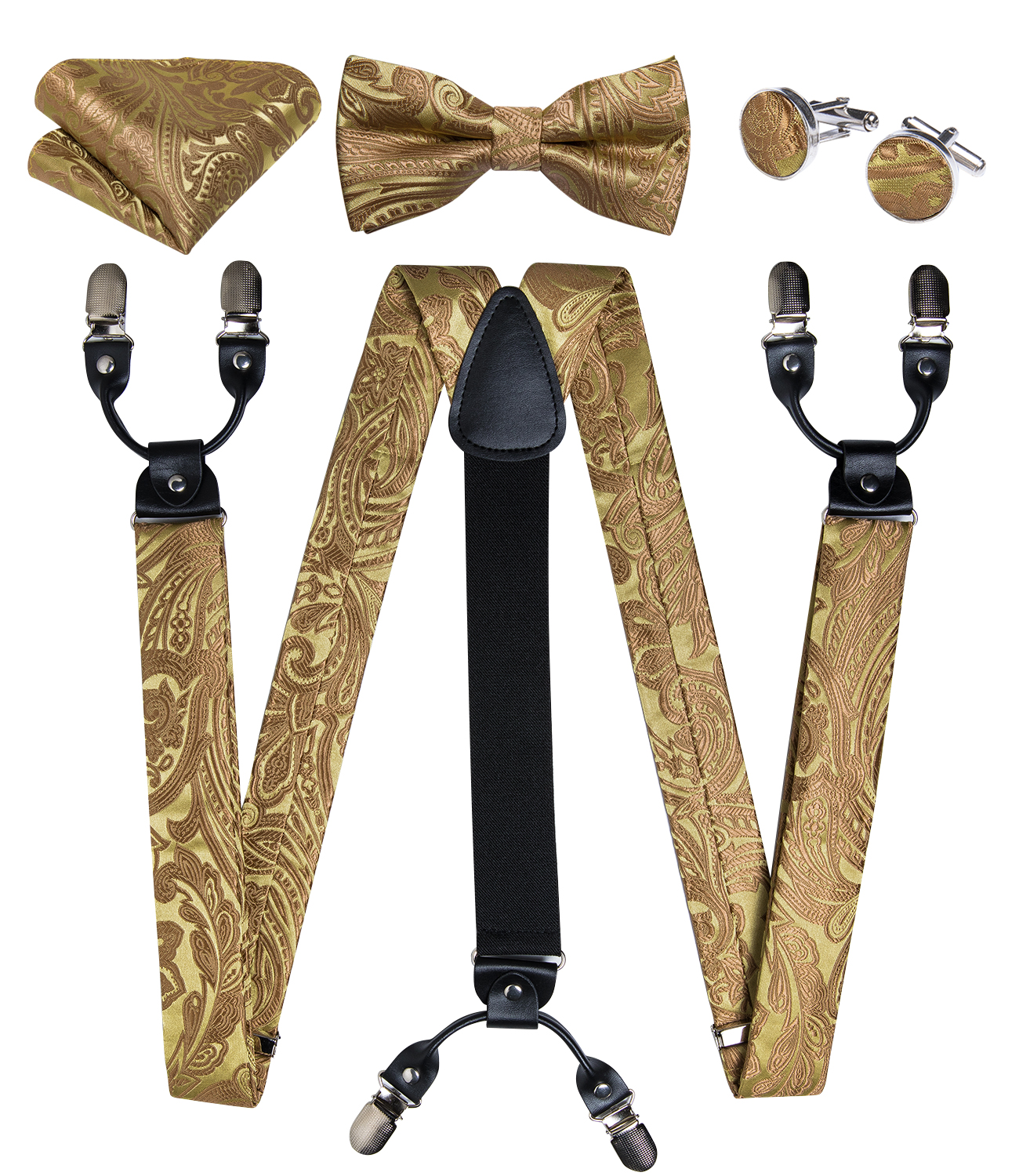 Elegante ouro paisley suspensórios de seda masculino couro real metal 6 clipes suspensórios elásticos correias de calças presente masculino dibangu
