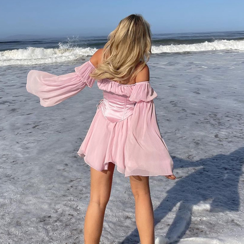 여성 요정 그런지 핑크 쉬폰 미니 드레스 세련된 붕대 코르셋 빈티지 긴 퍼프 슬리브 Sundress 슬래시 넥 신부 들러리 Bodycon