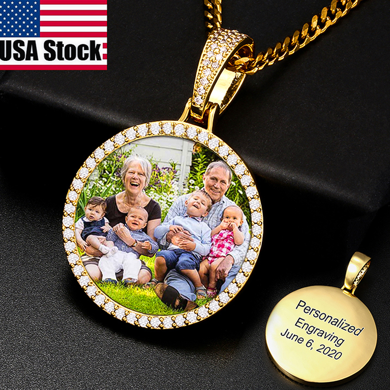 Medallones redondos, collar con colgante de foto personalizado, joyería de Hip Hop para hombres, colgante grabado con nombre personalizado, cadenas de circón, regalo