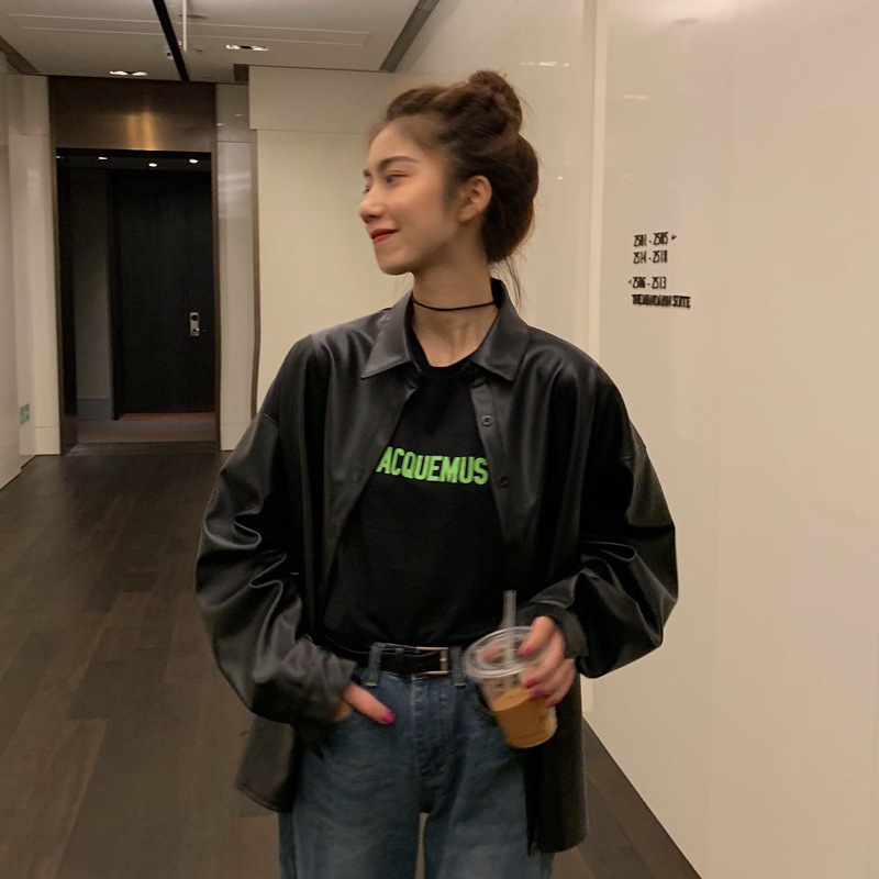 เสื้อโค้ทหนัง PU ใหม่สุดชิคแจ็กเก็ตมอเตอร์สำหรับผู้หญิงสีดำหนังสังเคราะห์ฤดูใบไม้ผลิฤดูใบไม้ร่วง