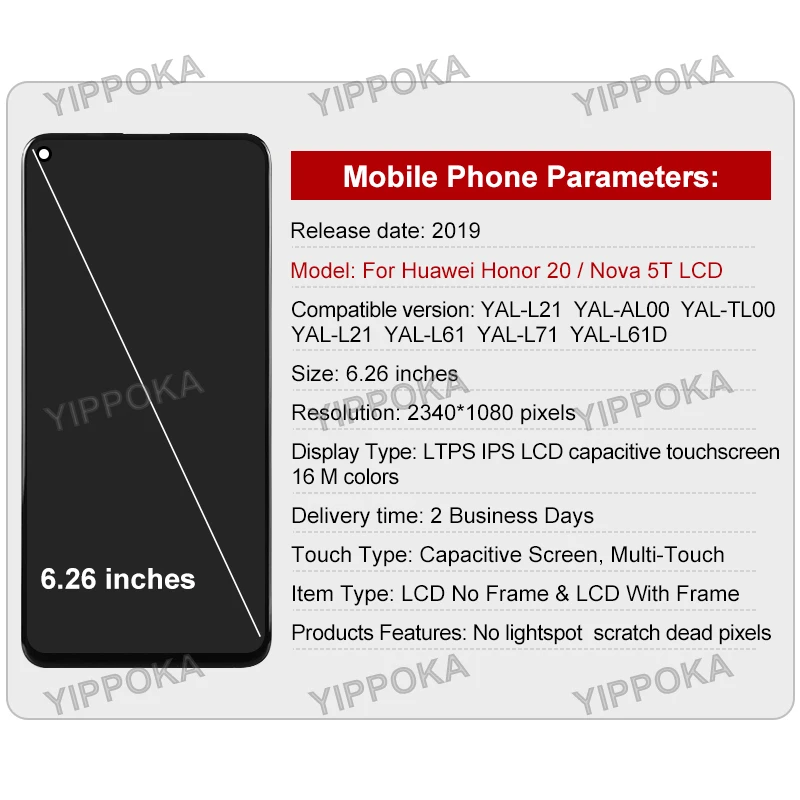 Para huawei honor 20 display lcd digitador da tela de toque para huawei nova 5t lcd YAL-L21 YAL-AL00 YAL-L71 display peças reposição