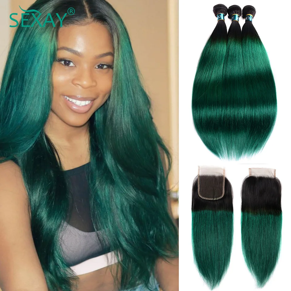 Sexay-Pacotes retos Turquesa com Fecho, Ombre Green, Cabelo Humano Brasileiro, Pacotes de Tecer, 4x4 Lace Closure, Parte Média
